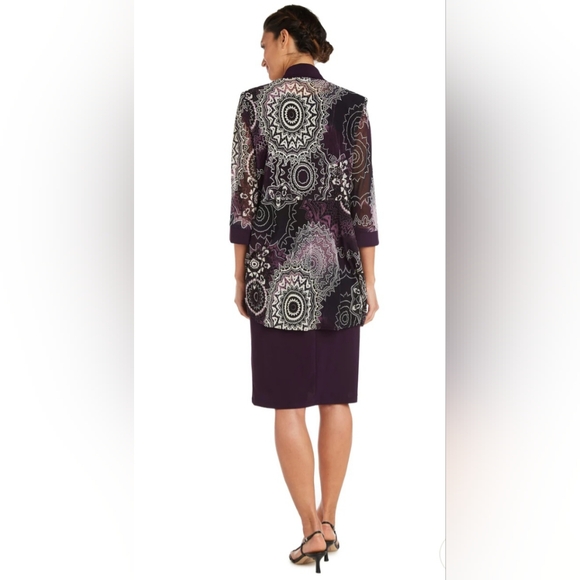 NWT! R&M Richards 2 Piece Printed Jacket And Dress Set Petite - Eggplant - Picture 2 of 13